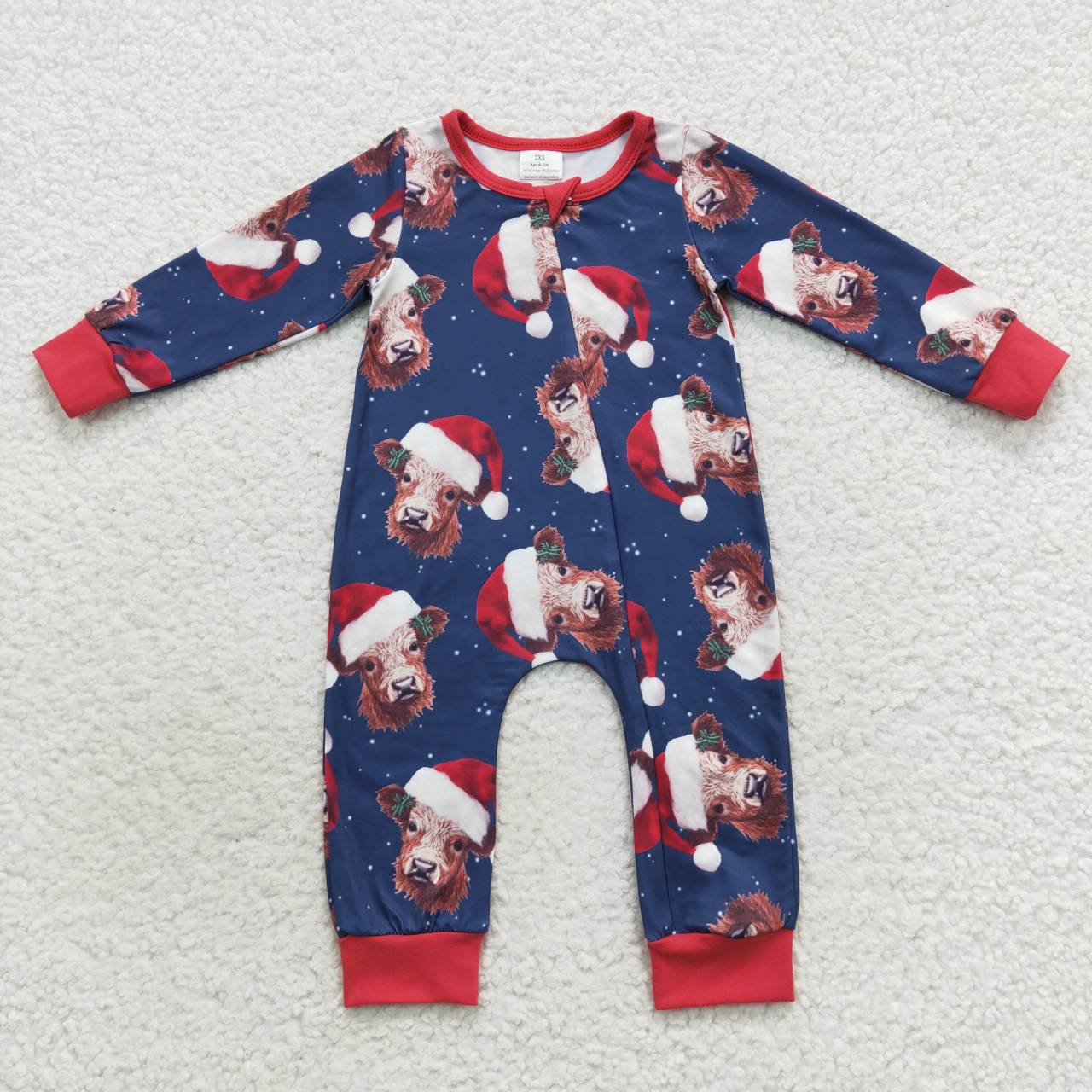 LR0597 Highland Cow Holly Print Baby Christmas Zipper Sleeper Romper