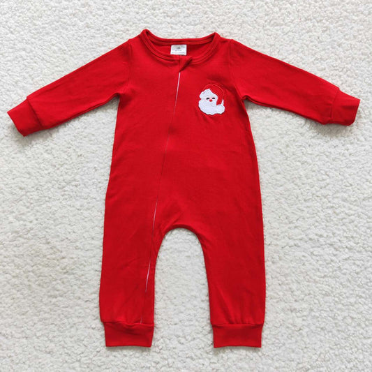 LR0598 Santa Embroidery Red Cotton Baby Boys Christmas Zipper Sleeper Romper
