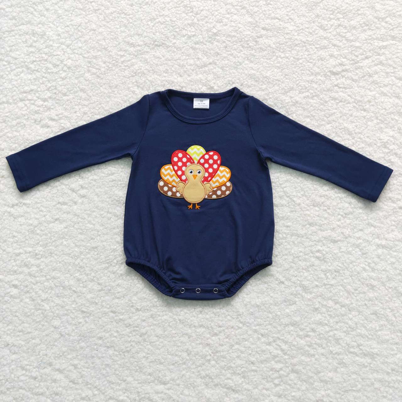 LR0606 Turkey Embroidery Navy Baby Boys Thanksgiving Romper