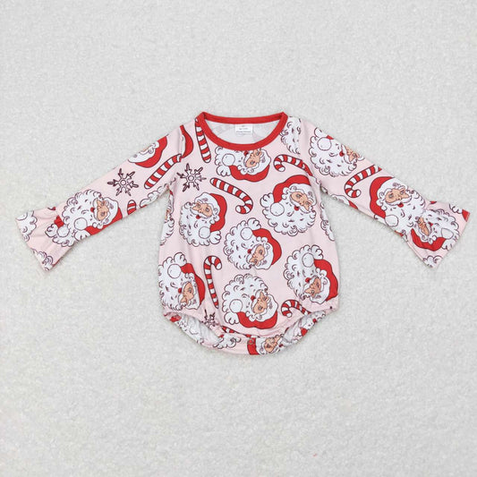 LR0607 Santa Candy Cane Print Baby Girls Christmas Romper