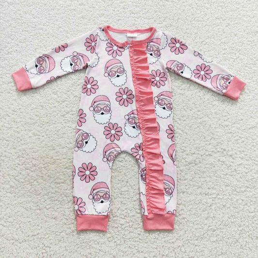 LR0615  Santa Flowers Milk Print Baby Girls Christmas Zipper Sleeper Romper