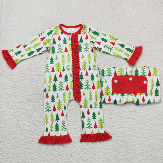 LR0626  Tree Print Baby Girls Christmas Zipper Sleeper Romper
