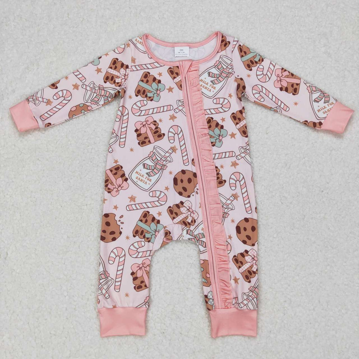 LR0630 Cookies Milk Candy Cane Print Baby Girls Christmas Zipper Sleeper Romper