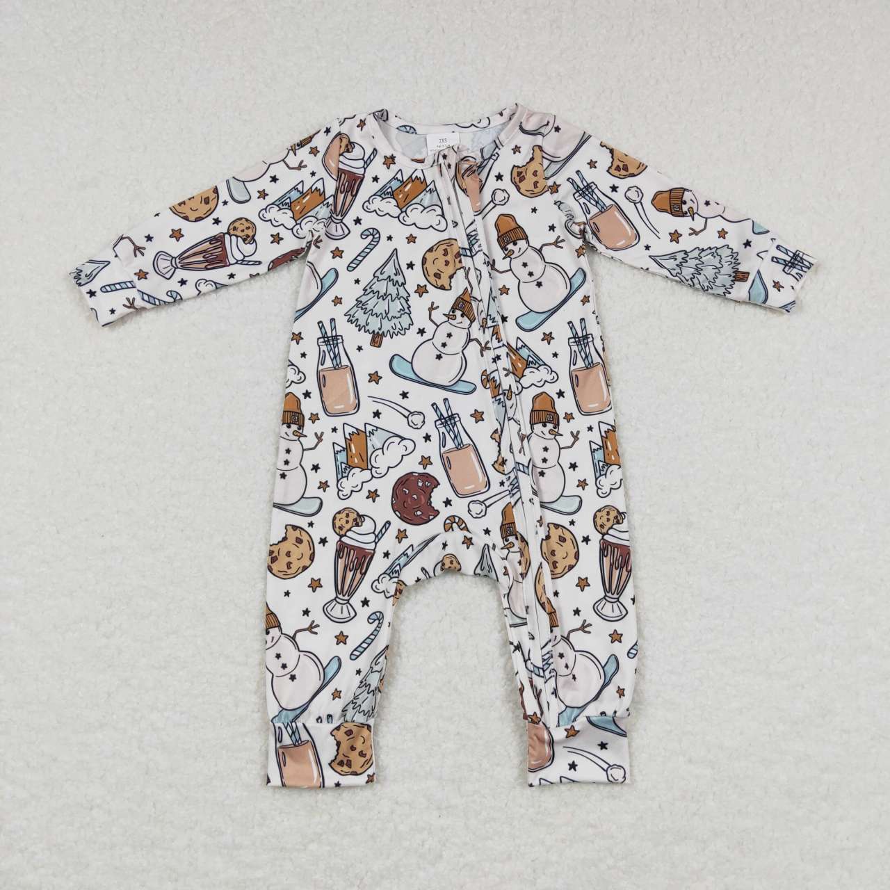 LR0651 Cookies Milk Candy Cane Snowman Print Baby Boys Christmas Zipper Sleeper Romper