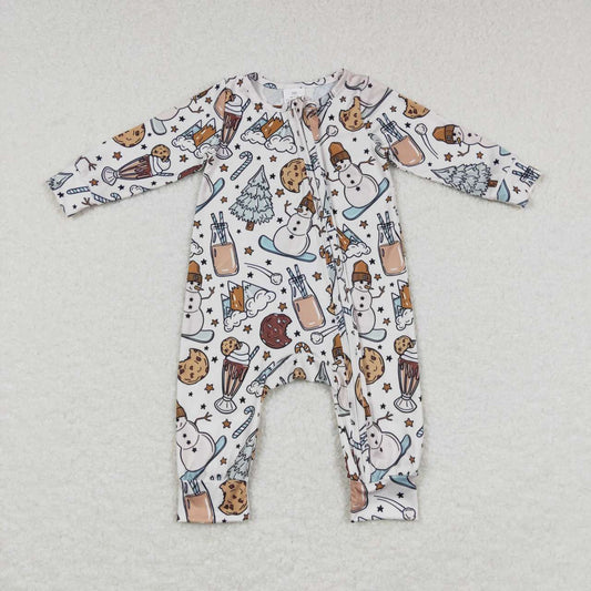 LR0651 Cookies Milk Candy Cane Snowman Print Baby Boys Christmas Zipper Sleeper Romper