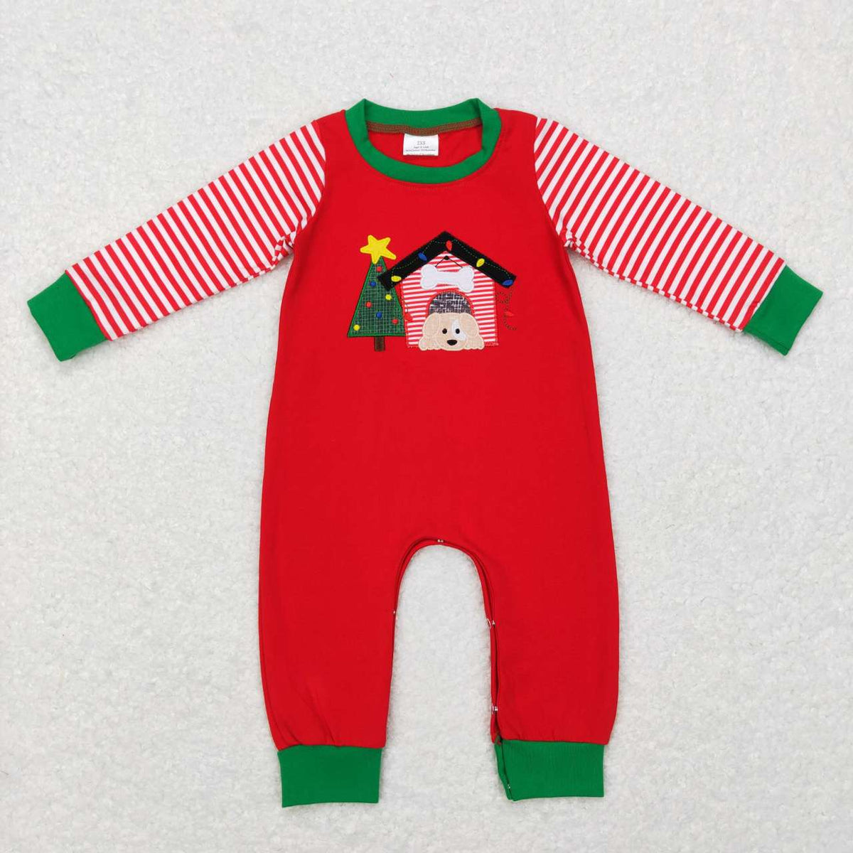 LR0659 Dog House Tree Embroidery Red Baby Boys Christmas Romper