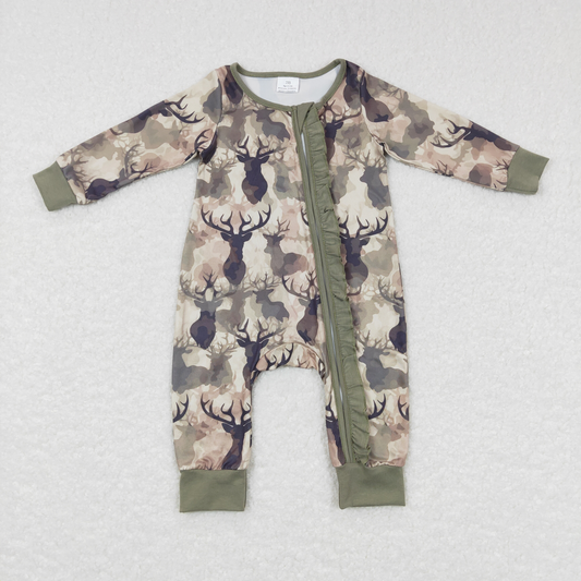 Baby Girls Camo Deer Ruffle Zip Long Sleeve Rompers