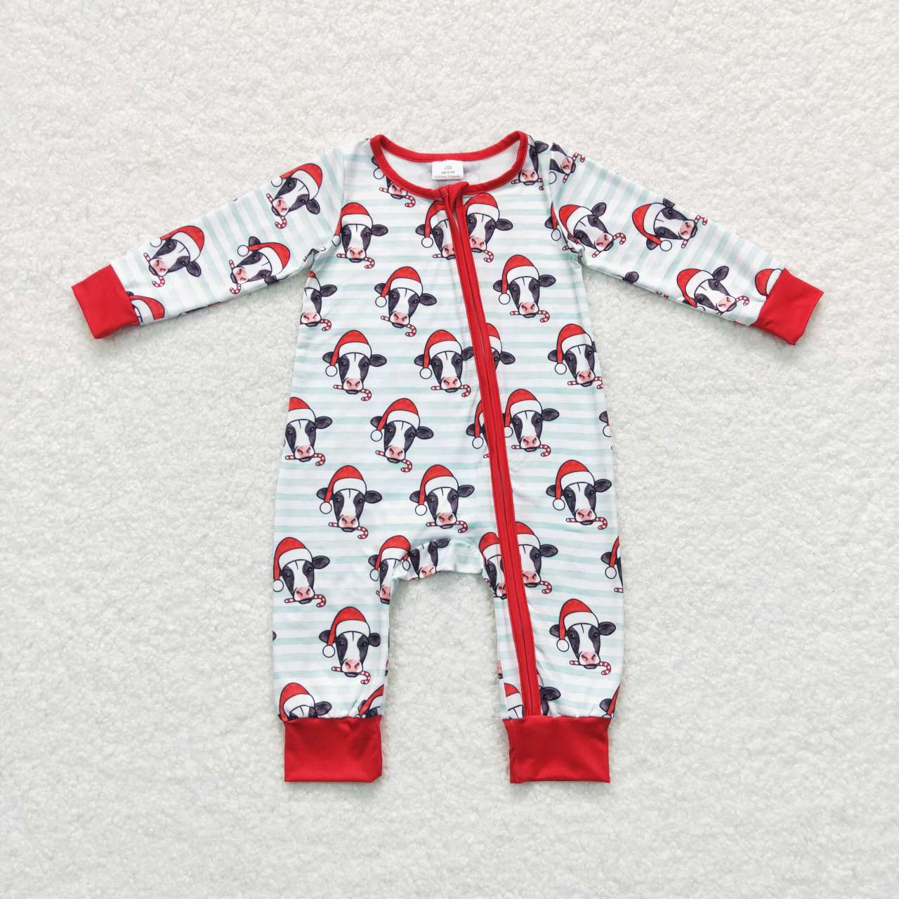 LR0700 Cows Blue Stripes Print Baby Boys Christmas Zipper Sleeper Romper