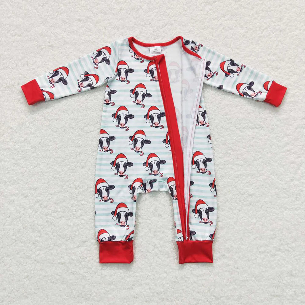 Sibling Baby Boys Light Blue Stripe Hats Cows Top Pants Christmas Pajamas Sets Zipper Rompers