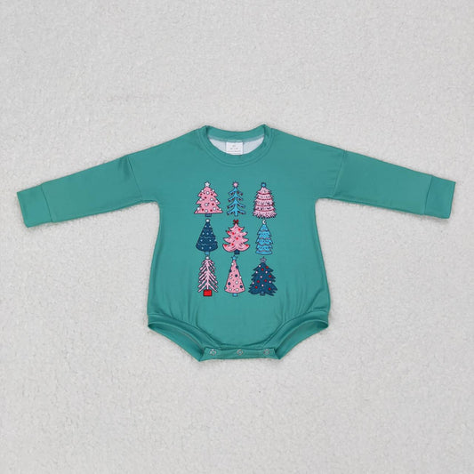 LR0701 Tree Green Print Baby Girls Christmas Romper