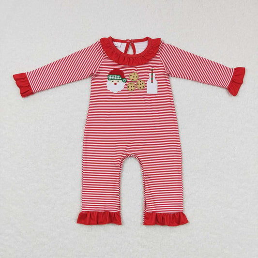 LR0708  Santa Cookies Milk Embroidery Red Stripes Baby Girls Christmas Romper