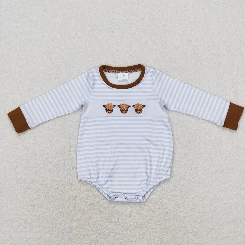 Sibling Baby Boys Stripe Embroidery Highland Cows Pants Western Clothes Sets Rompers