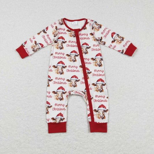LR0739 Cows Print Baby Christmas Zipper Sleeper Romper