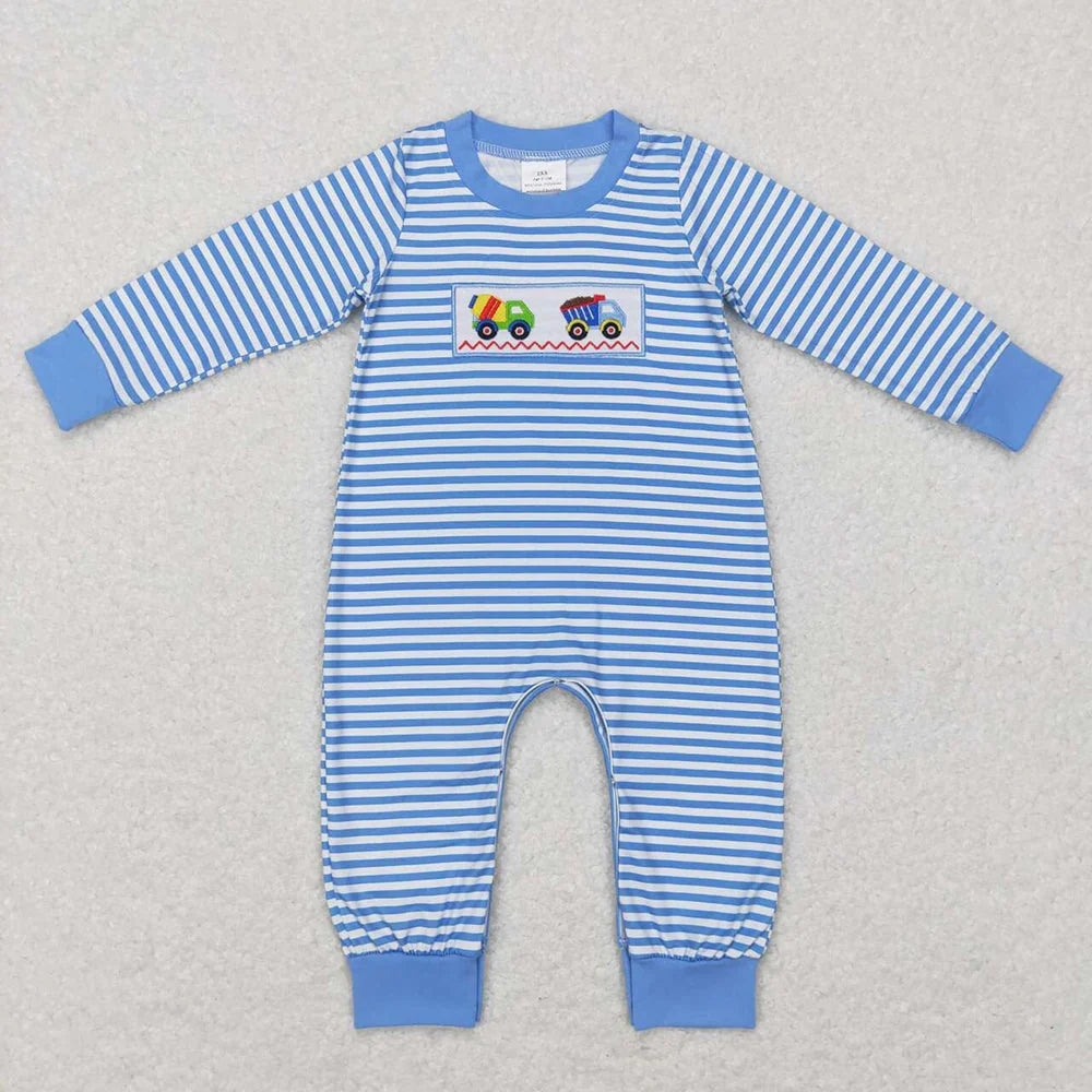 Sibling Baby Boys Construction Blue Striped Long Sleeve Pants Pajama Set