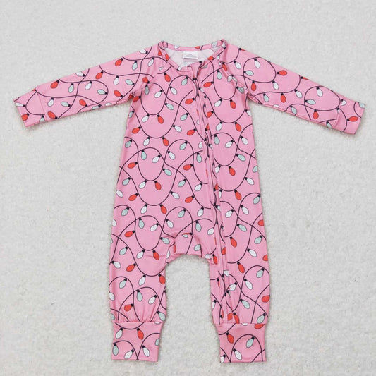 LR0757 Lights Pink Print Baby Girls Christmas Zipper Sleeper Romper