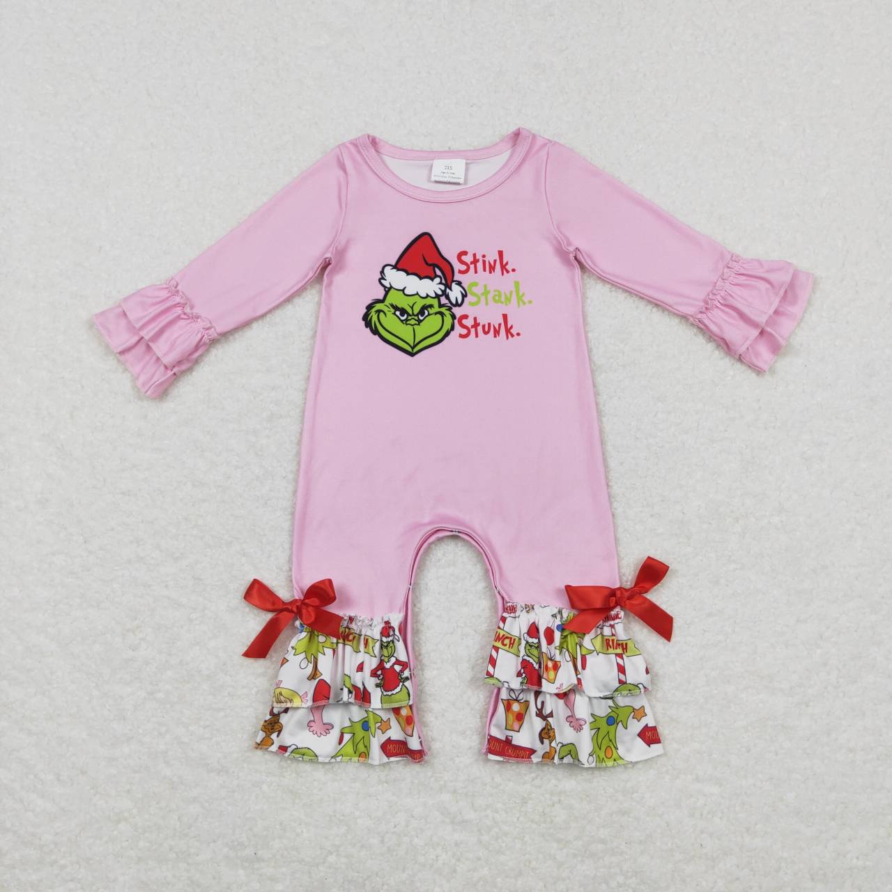 LR0778 Green Frog Pink Print Baby Girls Christmas Ruffle Romper