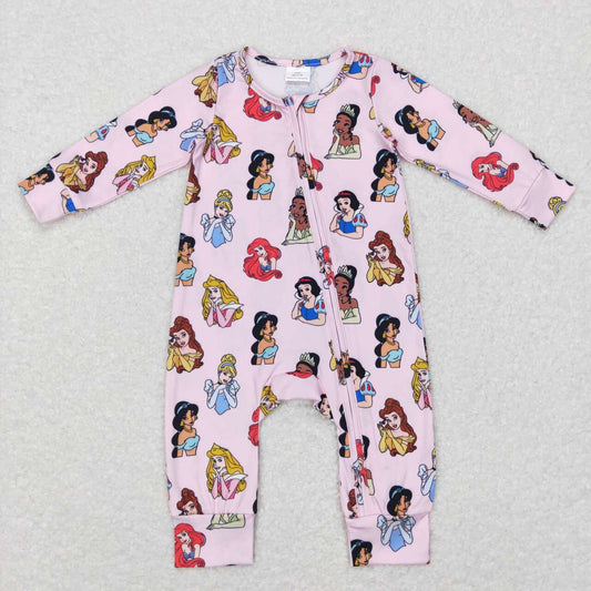LR0800 Cartoon Princess Pink Print Baby Girls Long Sleeve Zipper Romper