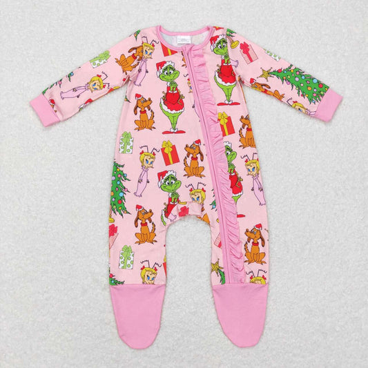 LR0806 Green Frog Pink Print Baby Christmas Zipper Sleeper Footie Romper