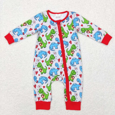 Sibling Baby Boys Dinosaurs Heart Pajama Set Top Zipper Romper
