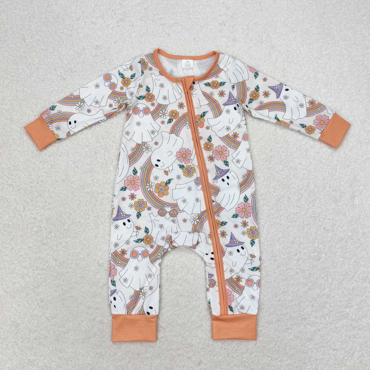 LR0980 Ghost Flowers Rainbow Print Baby Girls Halloween Zipper Sleeper Romper