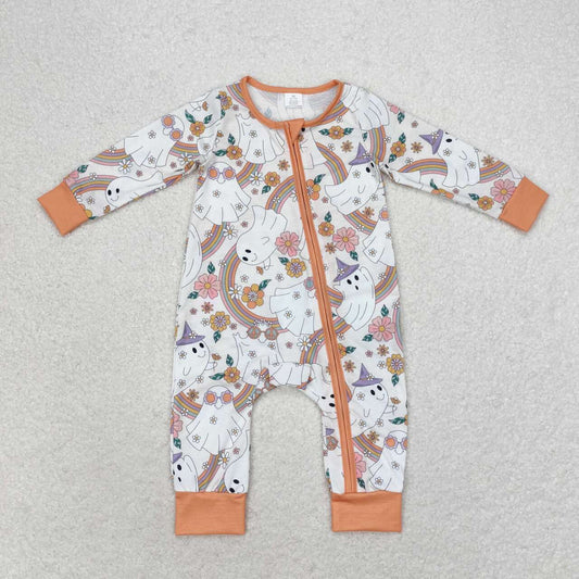 LR0980 Ghost Flowers Rainbow Print Baby Girls Halloween Zipper Sleeper Romper