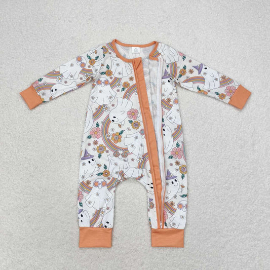 LR0980 Ghost Flowers Rainbow Print Baby Girls Halloween Zipper Sleeper Romper