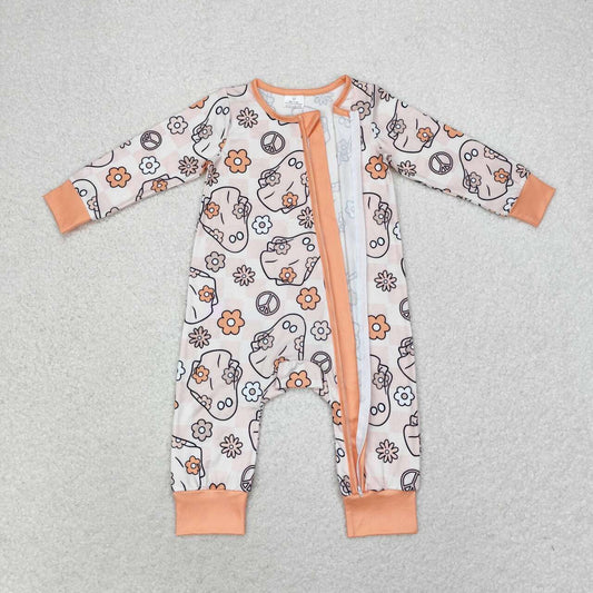 LR0981 Ghost Flowers Checkered Print Baby Girls Halloween Zipper Sleeper Romper