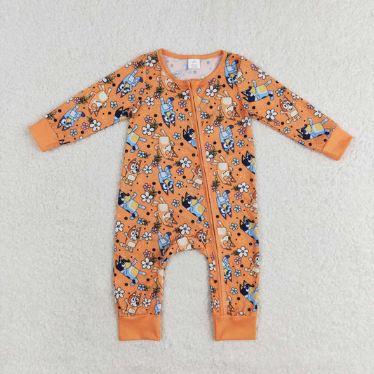 LR0982 Cartoon Dog Flowers Orange Print Baby Girls Zipper Sleeper Romper