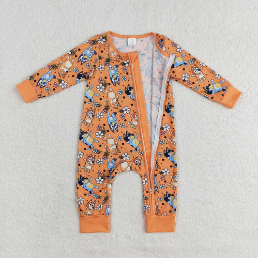 LR0982 Cartoon Dog Flowers Orange Print Baby Girls Zipper Sleeper Romper