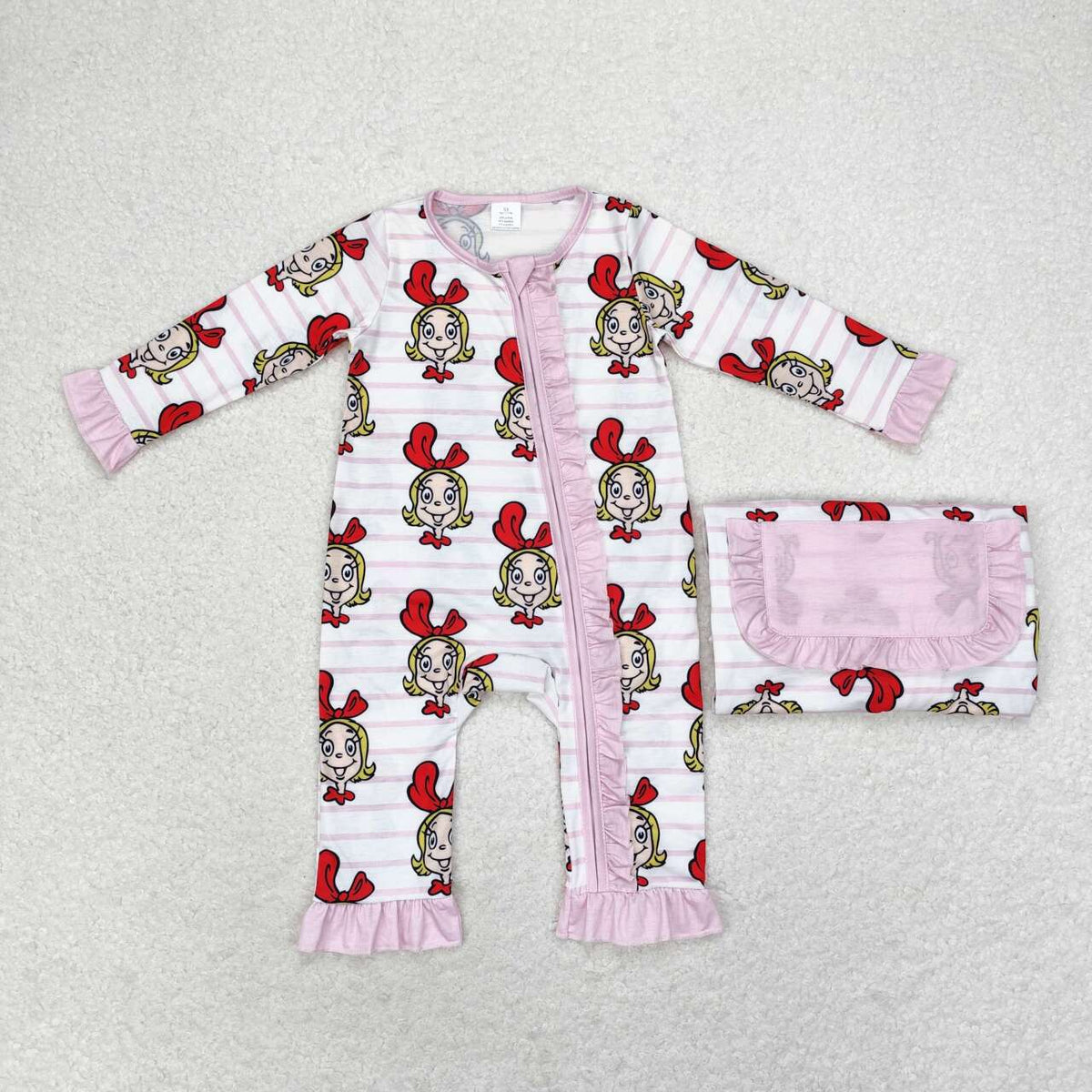 LR1001 Cindy Smiling Pink Stripes Print Baby Girls Christmas Bamboo Zipper Sleeper Romper