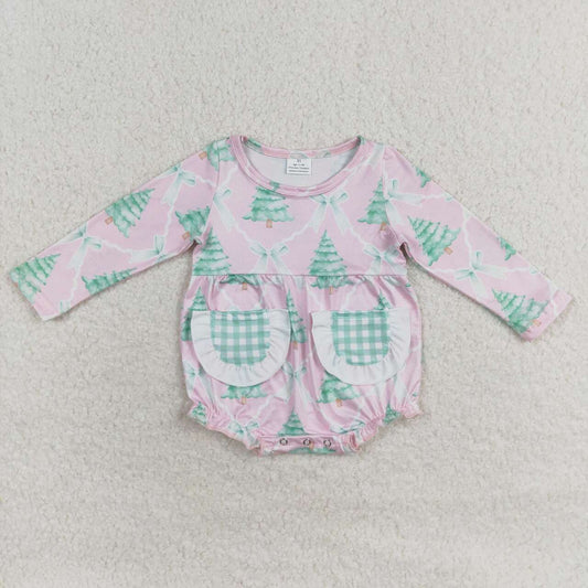 LR1018 Tree Bows Print Pockets Baby Girls Christmas Romper
