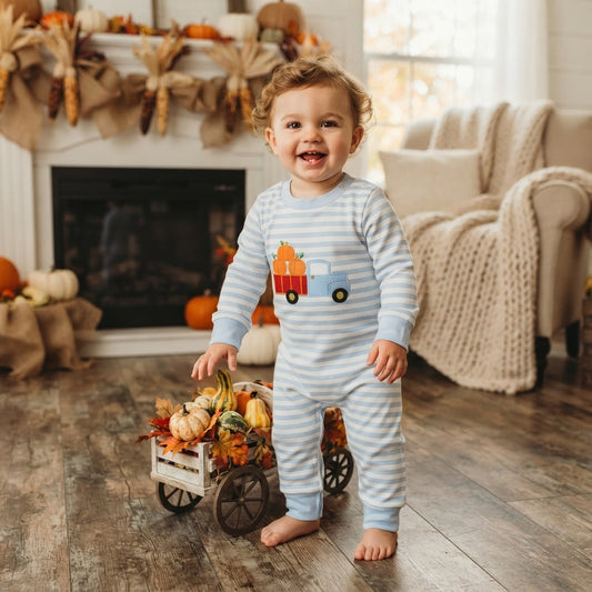 LR1023 Pumpkin Embroidery Truck Striped Baby Boys Fall Long Sleeve Romper