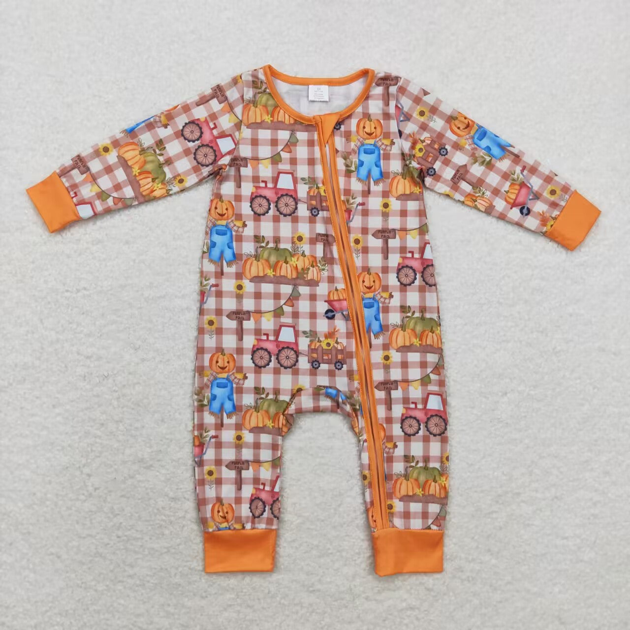 LR1046 Pumpkin Tractor Checkered Print Baby Fall Zipper Sleeper Romper