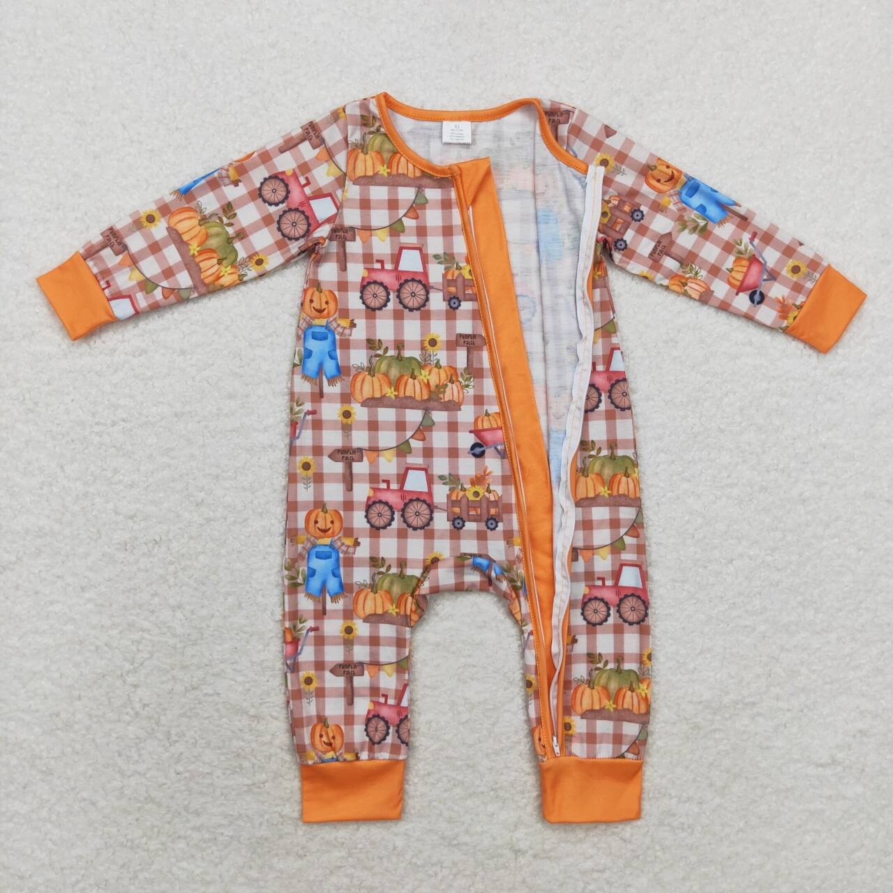 LR1046 Pumpkin Tractor Checkered Print Baby Fall Zipper Sleeper Romper