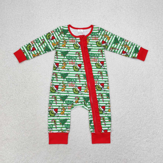 LR1054 Green Frog Stripes Print Baby Girls Christmas Zipper Sleeper Romper