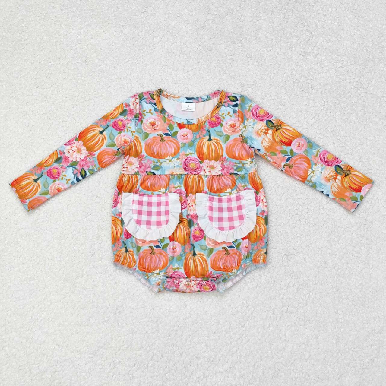 LR1059 Pumpkin Flowers Print Baby Girls Fall Pockets Romper