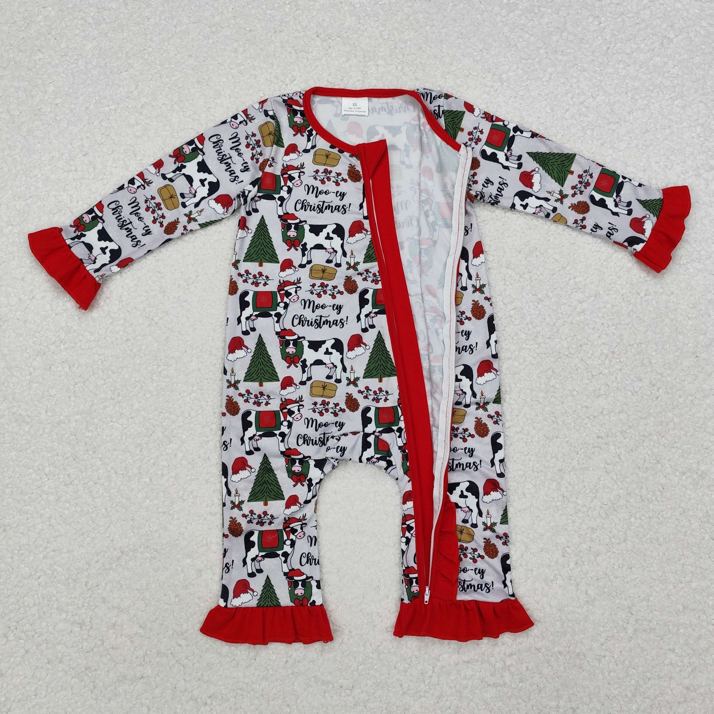 LR1074 Cows Tree Holly Print Baby Girls Christmas Zipper Sleeper Romper