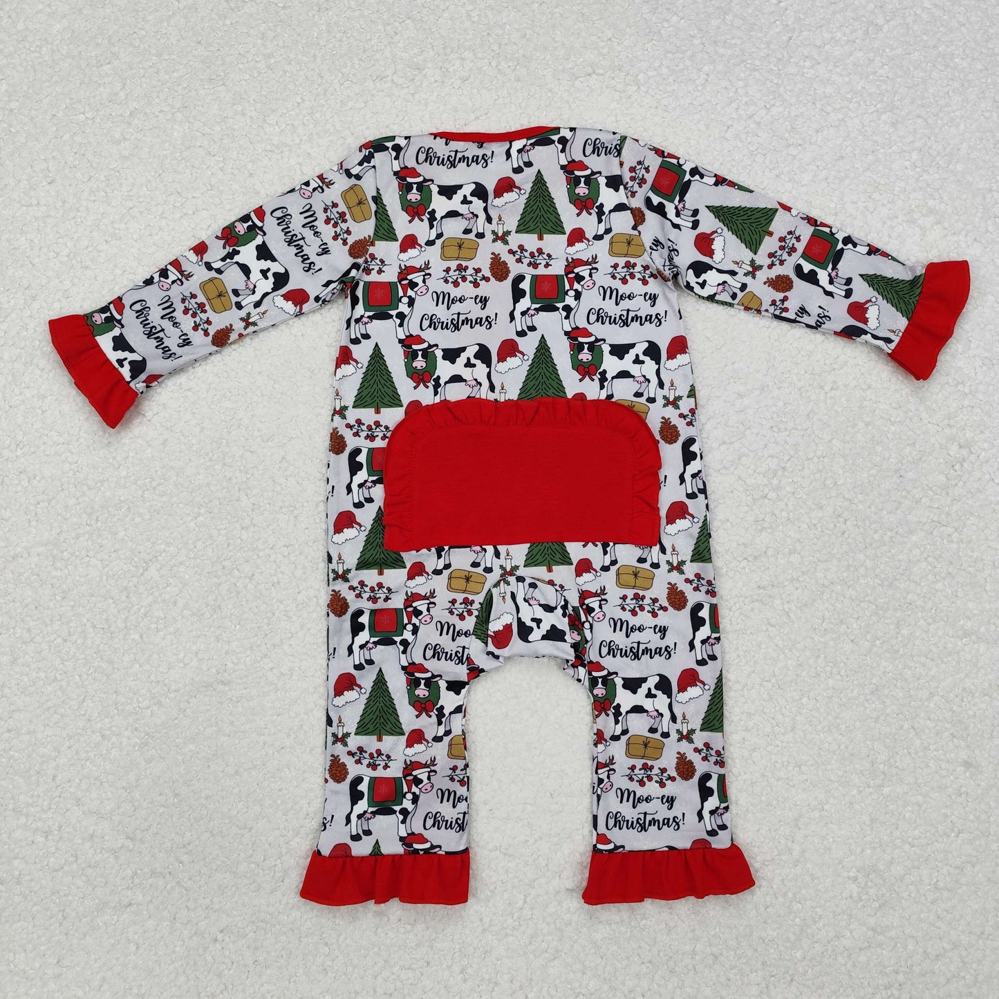 LR1074 Cows Tree Holly Print Baby Girls Christmas Zipper Sleeper Romper