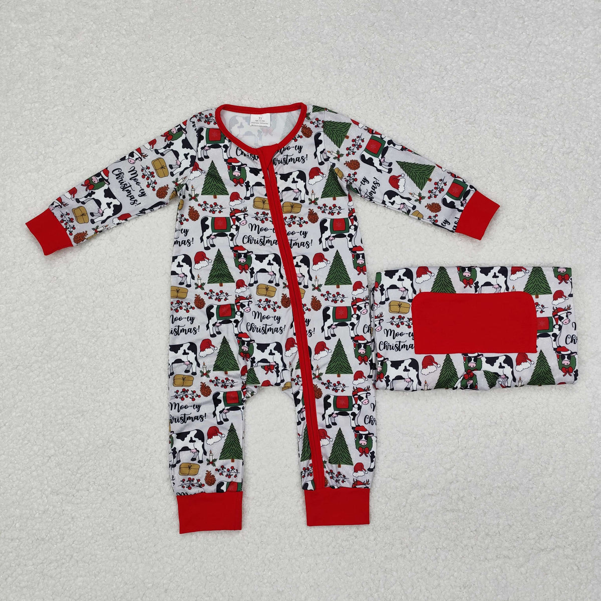 LR1075 Cows Tree Holly Print Baby Boys Christmas Zipper Sleeper Romper