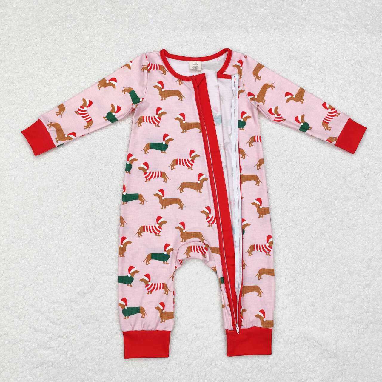 LR1081 Dog Pink Print Baby Girls Christmas Bamboo Zipper Sleeper Romper