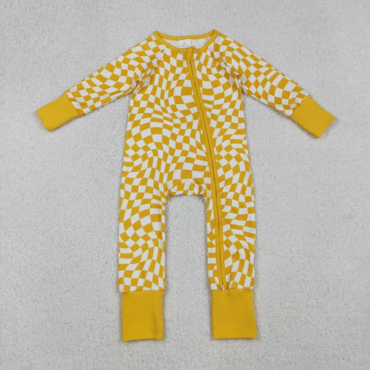 LR1089 Baby Girls Boys Yellow Checked Long Sleeve Zipper Romper