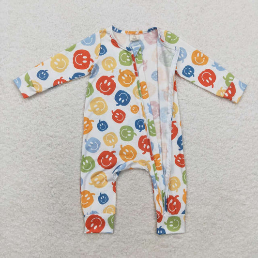 LR1094 Colorful Pumpkin Smiling Print Baby Halloween Zipper Sleeper Romper