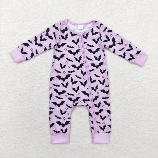 LR1097 Bat Purple Print Baby Girls Halloween Zipper Sleeper Romper