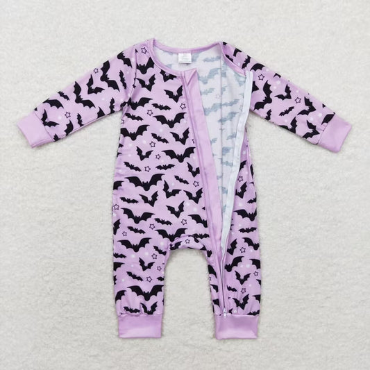LR1097 Bat Purple Print Baby Girls Halloween Zipper Sleeper Romper