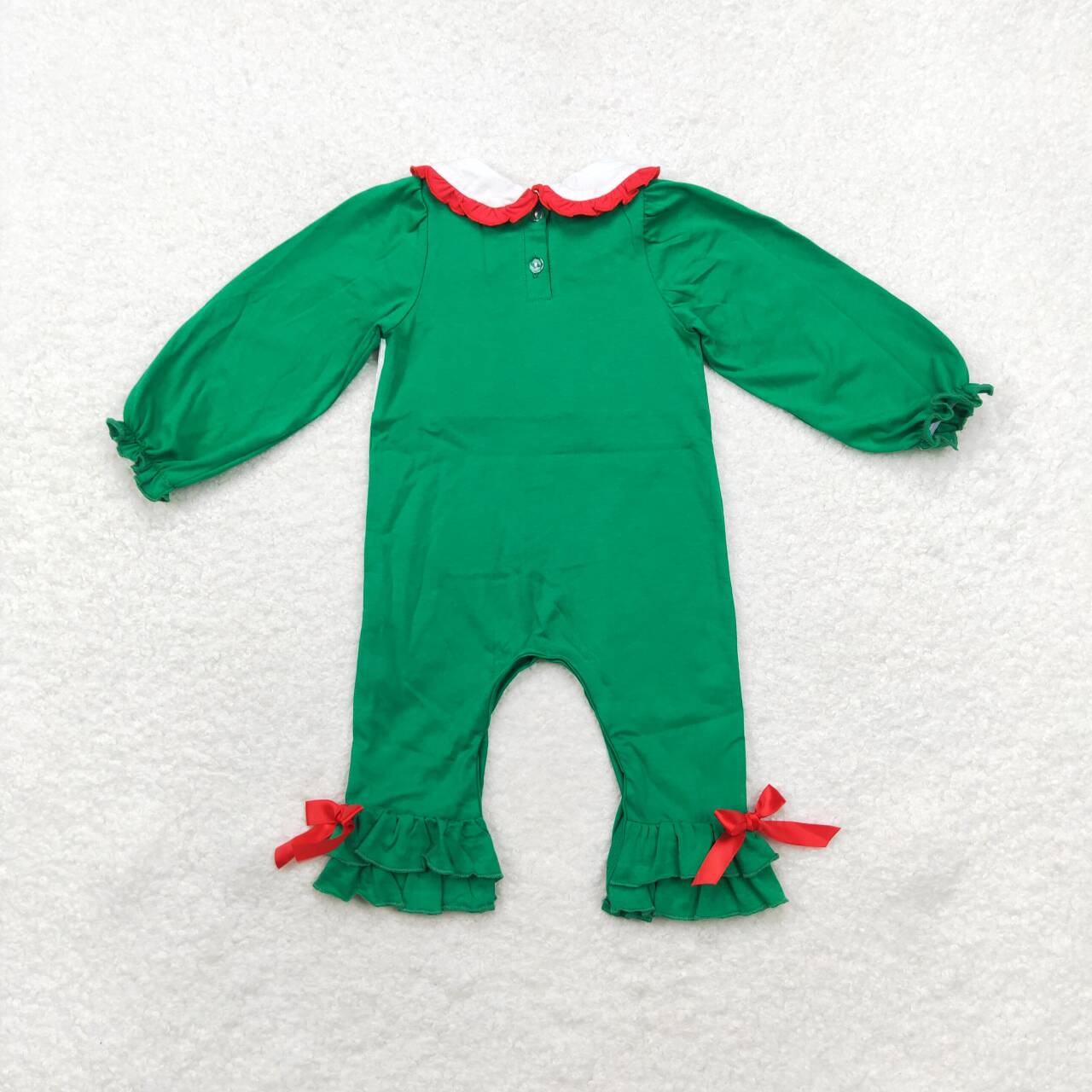LR1119  Tree Embroidery Green Cotton Baby Girls Christmas Smocked Romper