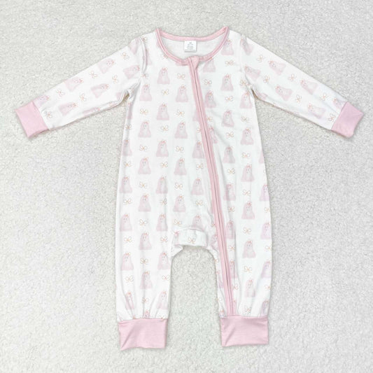 LR1124 Ghost Bows Pink Print Baby Girls Halloween Zipper Sleeper Romper