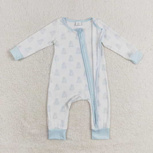 LR1125 Ghost Blue Print Baby Boys Halloween Zipper Sleeper Romper