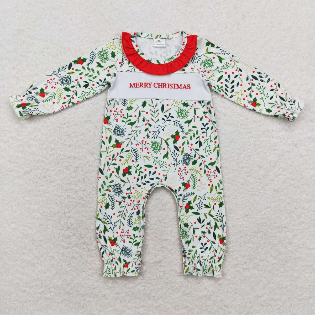 LR1176  Merry Christmas Embroidery Holly Print Baby Girls Romper