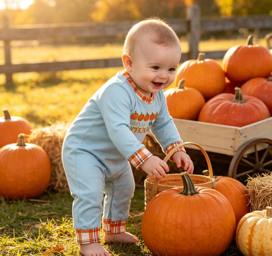 LR1189 Pumpkin Patch Embroidery Baby Boys Long Sleeve Romper