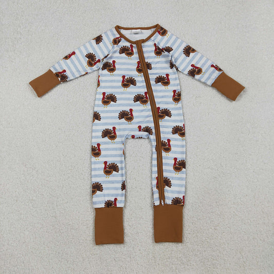 LR1191 Turkey Stripes Print Baby Boys Thanksgiving Zipper Sleeper Romper
